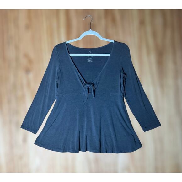 AE Soft & Sexy Sz S Tie Front Gray Flowy Babydoll Peplum Tunic Top Boho Casual - Picture 1 of 8